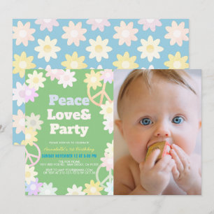 Peace Love & Party Green Photo 1st Birthday Invitation