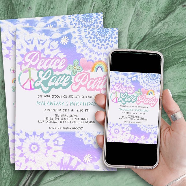 Peace Love Party Groovy Pastel Tie Dye Birthday Invitation (Peace Love Party invitation with groovy tie dye mandalas and flower power icons)