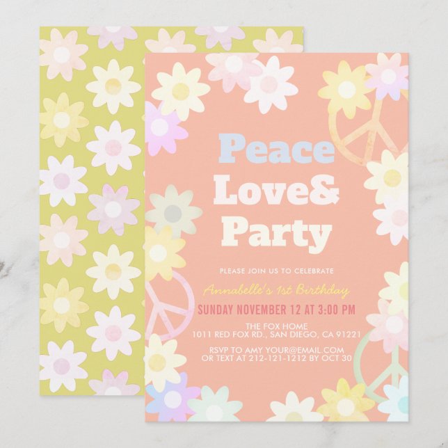 Peace Love & Party Pink 1st Birthday  Invitation (Front/Back)