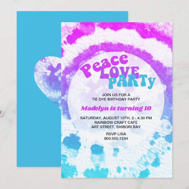 Peace Love Party Pink Turquoise Tie Dye Birthday Invitation (Front/Back)