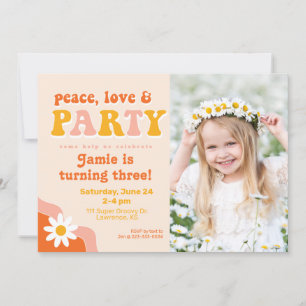 Peace, Love & Party Retro PhotoBirthday Invitation