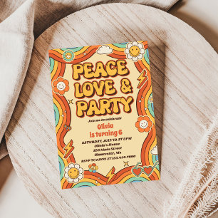 Peace Love Party Retro Rainbow 6th Birthday Invitation