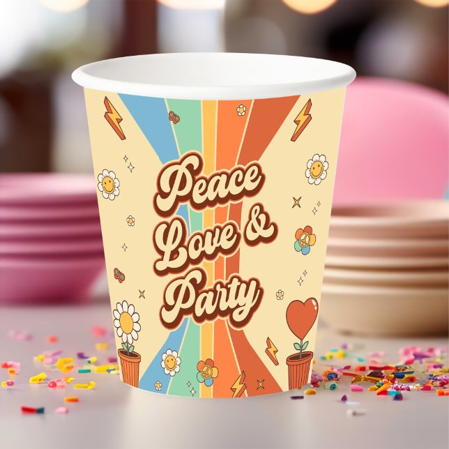 Peace Love Party Retro Rainbow 6th Birthday Paper Cups (Creator Uploaded)
