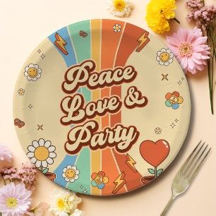 Peace Love Party Retro Rainbow 6th Birthday Paper Plate