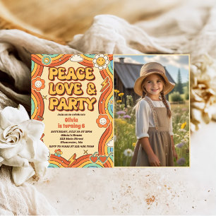 Peace Love Party Retro Rainbow 6th Birthday Photo Invitation