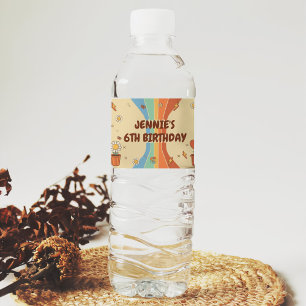 Peace Love Party Retro Rainbow 6th Birthday Water Bottle Label