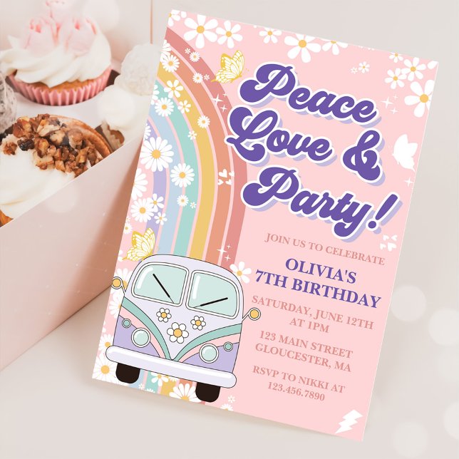 Peace Love Party Retro Rainbow 7th Birthday Invitation (Creator Uploaded)