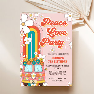 Peace Love Party Retro Rainbow 7th Birthday Invitation