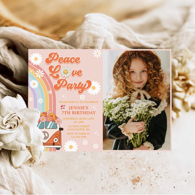 Peace Love Party Retro Rainbow 7th Birthday Photo Invitation (Creator Uploaded)