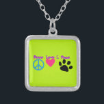 Peace Love & Paws Silver Plated Necklace<br><div class="desc">Cute graphic in colourful neon colours.  3 symbols - a peace sign,  a heart and a paw,  with the words peace,  love and paws. For peace loving pet owners.</div>