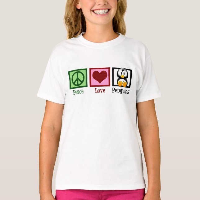 Peace Love Penguins Cute Penguin Kids T-Shirt (Front)