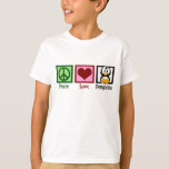 Peace Love Penguins Kids T-Shirt<br><div class="desc">I love penguins. They are all the world needs besides peace and love. A pretty green peace sign,  cute red heart and adorable penguin on an animal t-shirt.</div>
