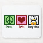 Peace Love Penguins Mouse Mat<br><div class="desc">I love penguins. They are all the world needs besides peace and love. A pretty green peace sign,  cute red heart and adorable penguin.</div>