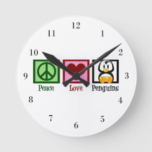 Peace Love Penguins Round Clock