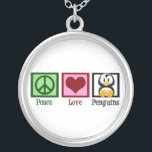 Peace Love Penguins Silver Plated Necklace<br><div class="desc">A green peace sign,  red heart,  and a cute penguin. I love pretty animal gifts.</div>