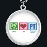 Peace Love Physical Therapist Silver Plated Necklace<br><div class="desc">A peace sign,  heart,  and the letters PT for physical therapy.</div>