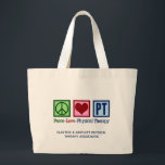 Peace Love Physical Therapy Custom PT Office Large Tote Bag<br><div class="desc">Peace Love Physical Therapy tote bag with a green peace sign, red heart, and the letters PT in blue for a physical therapist. Customize with your company or business name.</div>