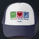 Peace Love Physical Therapy Personalised PT Trucker Hat<br><div class="desc">This cute,  custom physical therapist hat features a pretty peace sign,  heart,  and the letters PT. A beautiful,  personalised physical therapy present. Peace Love Physical Therapy cap.</div>