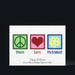 Peace Love Pickleball Cute Customisable Holiday Card<br><div class="desc">Peace Love Pickleball holiday card for a pickle ball player featuring a cute peace sign,  heart,  and a yellow ball for the sport. Personalise with your own Happy Holidays message for pretty sports club Christmas cards..</div>