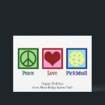 Peace Love Pickleball Cute Customisable Holiday Card<br><div class="desc">Peace Love Pickleball holiday card for a pickle ball player featuring a cute peace sign,  heart,  and a yellow ball for the sport. Personalise with your own Happy Holidays message for pretty sports club Christmas cards..</div>