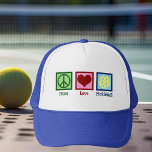 Peace Love Pickleball Trucker Hat<br><div class="desc">Peace Love Pickleball hat for a pickle ball player featuring a cute peace sign,  heart,  and a yellow ball for the sport.</div>