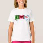 Peace Love Pigs Cute Farm Girl T-Shirt<br><div class="desc">Peace sign,  heart,  and a pretty pig with a curly tail. Oink! Peace Love Pigs kids t-shirt for a farm girl.</div>