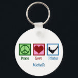 Peace Love Pilates Instructor Monogram Key Ring<br><div class="desc">Peace Love Pilates. A cute custom pilates instructor gift featuring a peace sign,  heart,  and woman stretching over an exercise ball. Personalise in blue with your pretty cursive monogram.</div>