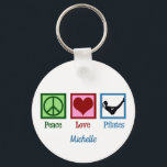 Peace Love Pilates Instructor Monogram Key Ring<br><div class="desc">Peace Love Pilates. A cute custom pilates instructor gift featuring a peace sign,  heart,  and woman stretching over an exercise ball. Personalise in blue with your pretty cursive monogram.</div>