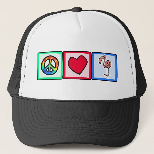 Peace, Love, Pink Flamingos Trucker Hat (Front)