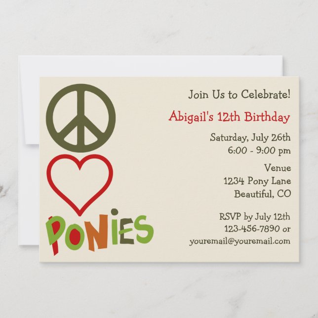Peace Love Ponies Girl's Birthday Invitation (Front)