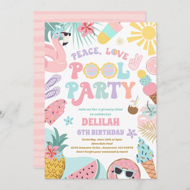 Peace Love Pool Party Groovy Summer Pool Birthday  Invitation (Front/Back)