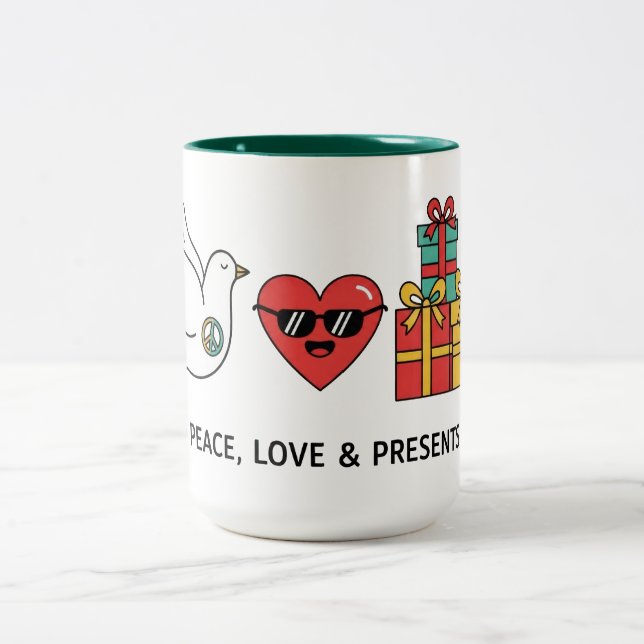 Peace, Love & Presents Christmas Two-Tone Coffee Mug (Center)