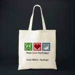 Peace Love Psychology Cute Psychologist Custom Tote Bag<br><div class="desc">Peace Love Psychology. A cute psychologist tote bag gift featuring a peace sign, heart, and human brain. A pretty, personalized present for a therapist who is good at helping people through therapy.</div>