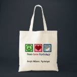 Peace Love Psychology Cute Psychologist Custom Tote Bag<br><div class="desc">Peace Love Psychology. A cute psychologist tote bag gift featuring a peace sign,  heart,  and human brain. A pretty,  personalized present for a therapist who is good at helping people through therapy.</div>