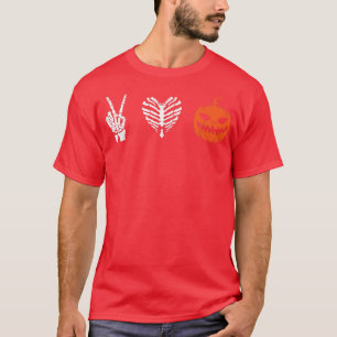 Peace Love Pumpkin Horror Face Skeleton Halloween  T-Shirt