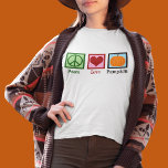 Peace Love Pumpkin Women's T-Shirt<br><div class="desc">A pretty green peace sign,  red heart,  and a cute pumpkin for someone who loves all things pumpkin spice during autumn. I love jack o' lanterns at Halloween and pumpkins on Thankgiving tees.</div>