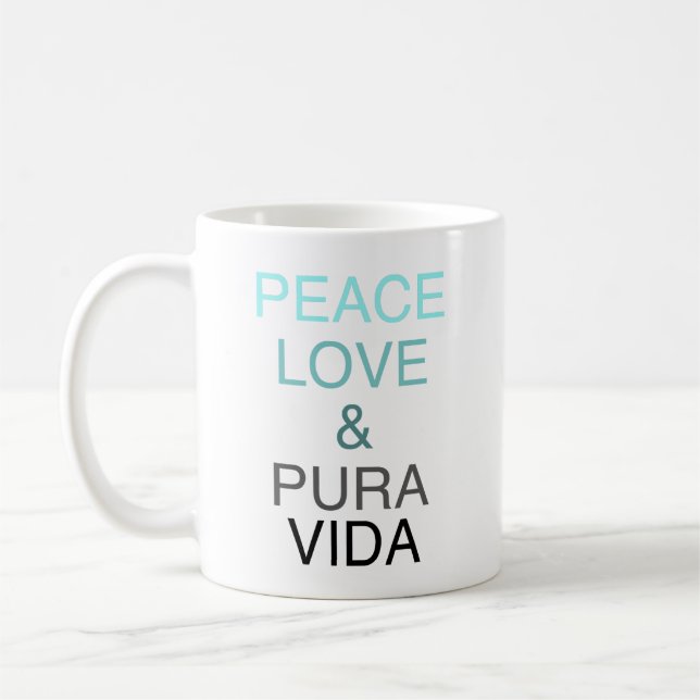 Peace Love Pura Vida Teal & Black Coffee Mug (Left)