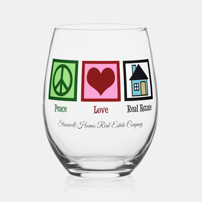 Peace Love Real Estate Cute Custom Realtor Stemless Wine Glass (Front)
