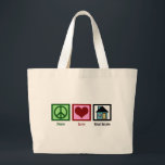 Peace Love Real Estate Large Tote Bag<br><div class="desc">Pretty real estate gifts for a realty, a title company, mortgage broker, loan officer or even a new homeowner. A peace sign, a heart, and a house.</div>