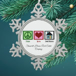 Peace Love Real Estate Personalised Christmas Snowflake Pewter Christmas Ornament<br><div class="desc">A peace sign,  heart,  and a cute house. Beautiful Peace Love Real Estate Christmas ornament gift for a realtor or new homeowner. A beautiful custom real estate company holiday present.</div>