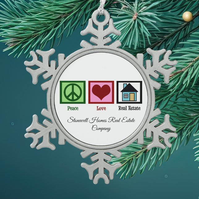 Peace Love Real Estate Personalised Christmas Snowflake Pewter Christmas Ornament (Creator Uploaded)