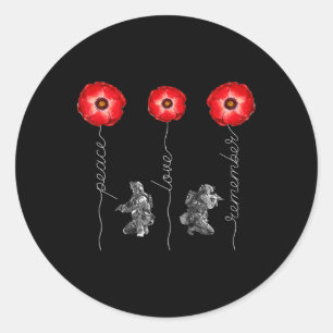 Peace Love Remember Red Poppy Flower Soldier Classic Round Sticker