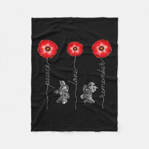 Peace Love Remember Red Poppy Flower Soldier Fleece Blanket