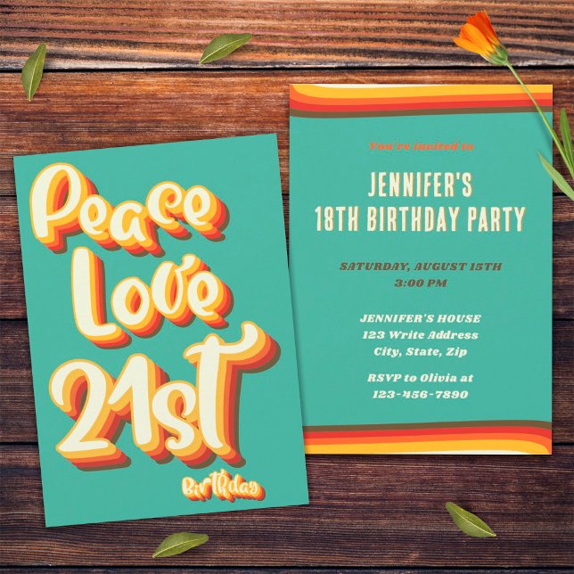 Peace Love Retro Groovy Sunset 21st Birthday Invitation (Front and Back)