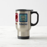 Peace Love Robotics Travel Mug<br><div class="desc">Peace Love Robotics gift with a peace sign,  heart,  and a cool robot made with nanotechnology. A cute artificial intelligence professor or robotic major present. Order for a robotic lab technician who works with programming and engineering.</div>
