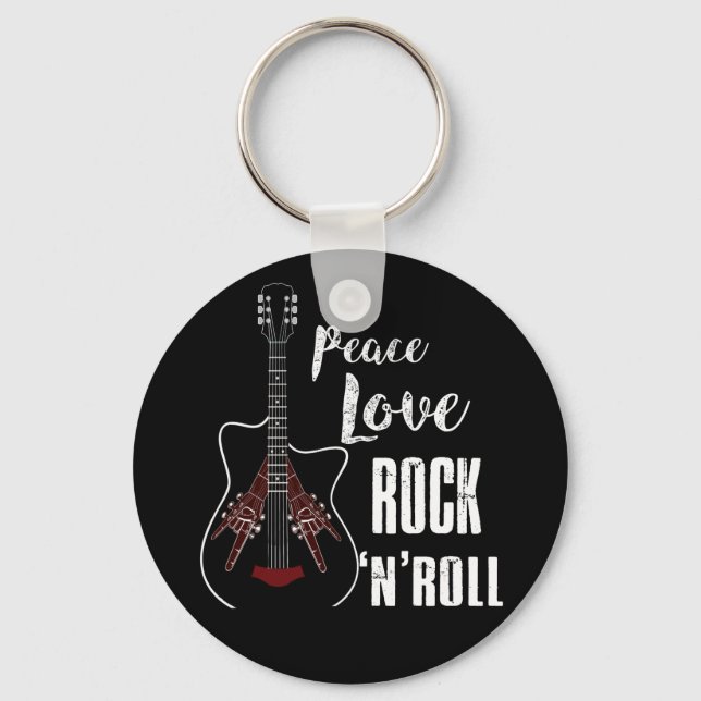 Peace Love Rock And Roll Guitar Retro Hippie Key Ring (Front)