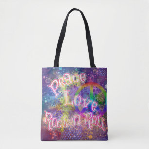 Peace, Love & Rock 'n Roll   Bright Boho Hippie Tote Bag