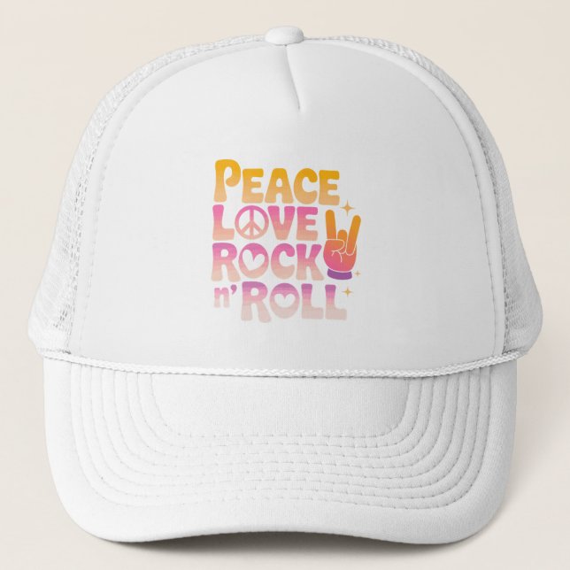 Peace Love Rock n Roll - Music-Inspired Typography Trucker Hat (Front)