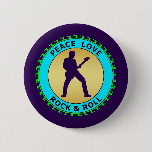 PEACE LOVE ROCK & ROLL 6 CM ROUND BADGE (Front)