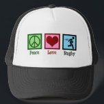 Peace Love Rugby Trucker Hat<br><div class="desc">Peace Love Rugby. A cool rugby sports team gift for a player with a football league or union.</div>